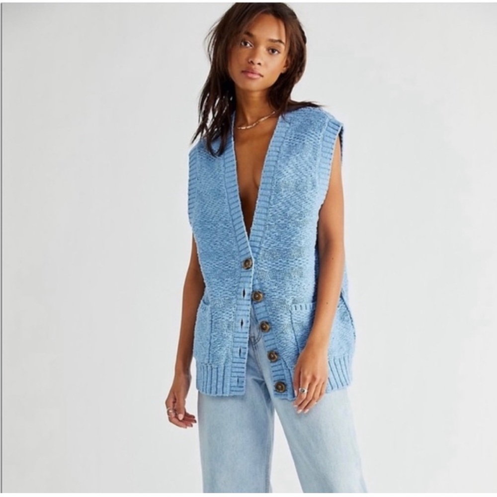 Free People Cambridge Knit Vest Sleeveless Cardigan Blue